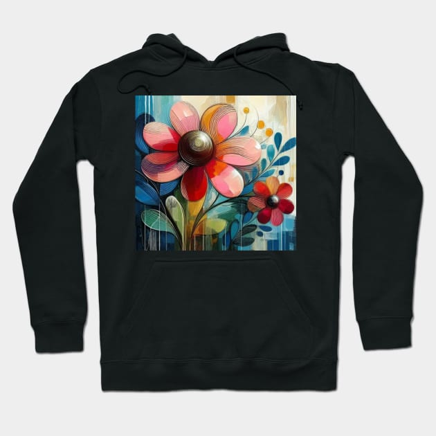 Abstract Pink Red Blue Flower and Leaves Hoodie by Siha Arts